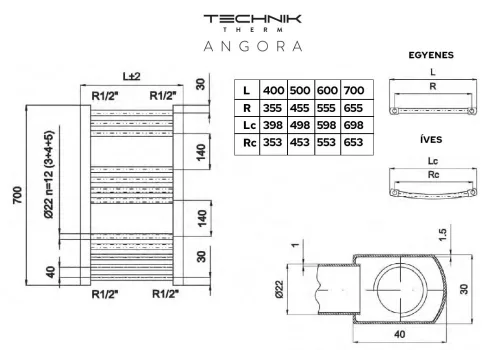 Technik Therm Angora 600x1400 törölközőszárító radiátor fehér, egyenes