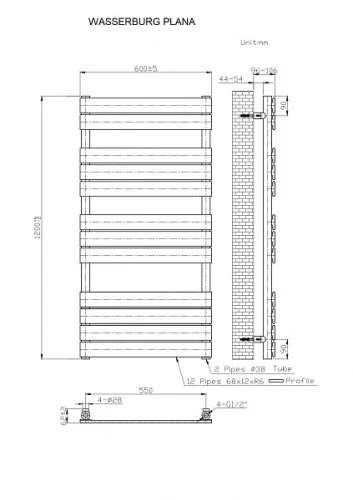Wasserburg PLANA BLACK/Fekete Törölközőszárító radiátor 120x60