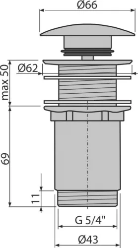 Alcadrain/Alcaplast CLICK/CLACK mosdó leeresztő 5/4", túlfolyó nélkül, fémből, nagy króm dugóval, műanyag és üveg mosdókhoz A395