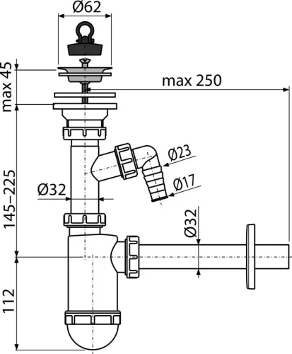 Alcadrain /Alcaplast Mosdószifon DN32 csatlakozóval rozsdamentes leeresztővel és csatlakozóval DN63 A410P