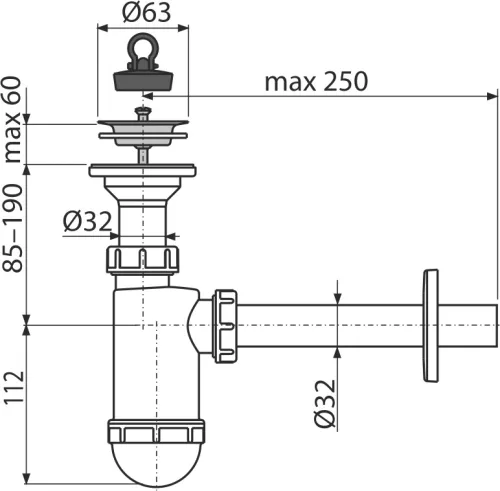 Alcadrain /Alcaplast Mosdószifon DN32 csatlakozóval rozsdamentes leeresztővel DN63 A410