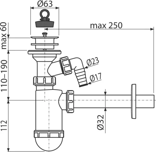 Alcadrain /Alcaplast Mosdószifon DN32 csatlakozóval és műanyag leeresztővel DN63 A420P