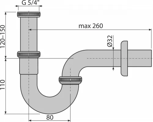 Alcadrain /Alcaplast „U“ alakú mosdószifon DN32 csatlakozóval, 5/4" hollandi anyával, fekete-matt fém A4320BLACK