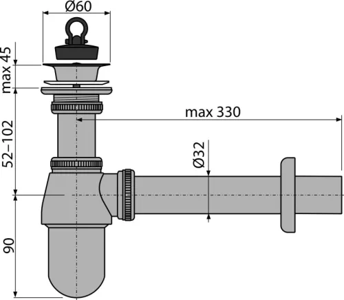 Alcadrain /Alcaplast Mosdószifon DN32 csatlakozással , 5/4" leeresztővel, fém A437