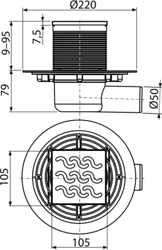 Alcadrain /Alcaplast Padlóösszefolyó 105×105/50 mm vízszintes, rozsdamentes rács, vizes bűzzár, APV102
