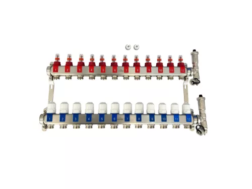 Invena acél 3/4" osztó-gyűjtő áramlásmérővel, termofejjel, légtelenítővel 7 körös - PM-06-007-Z