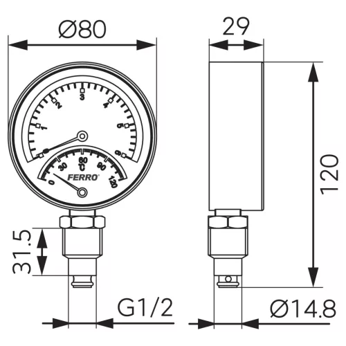 FERRO Termomanométer alsós csatlakozású 0-120 °C, 6 bar, TM80R